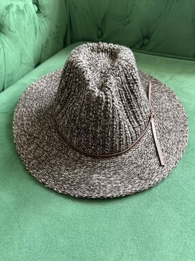 C.C Marled Gray Knit Fedora with Brown Leather Trim